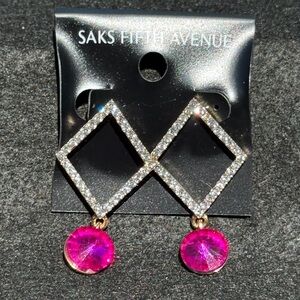Saks Fifth Avenue square design pave dangling round pink fuchsia crystals